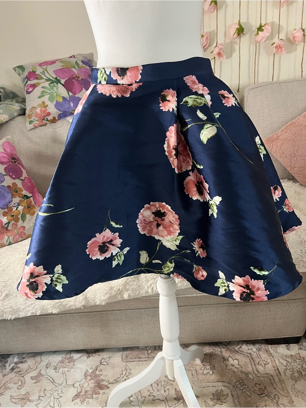 B Darlin Navy Circle Skirt with Pink Floral Print